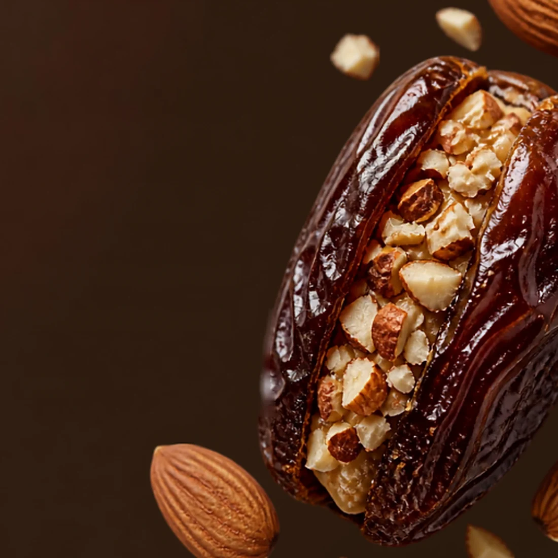 A Jumbo Medjool date split open and filled with chopped almonds