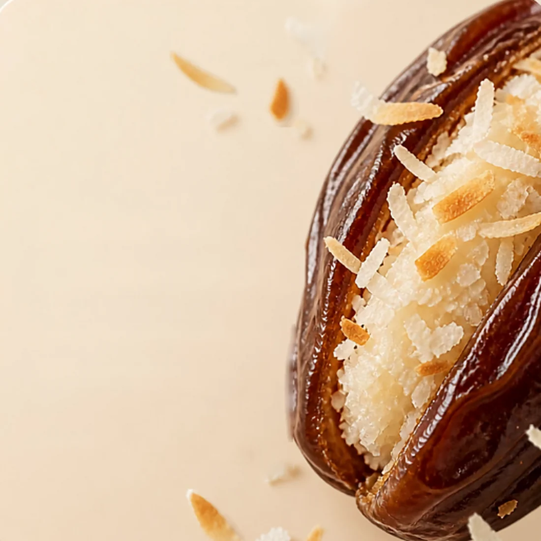 A Jumbo Medjool date split open and filled with toasted coconut