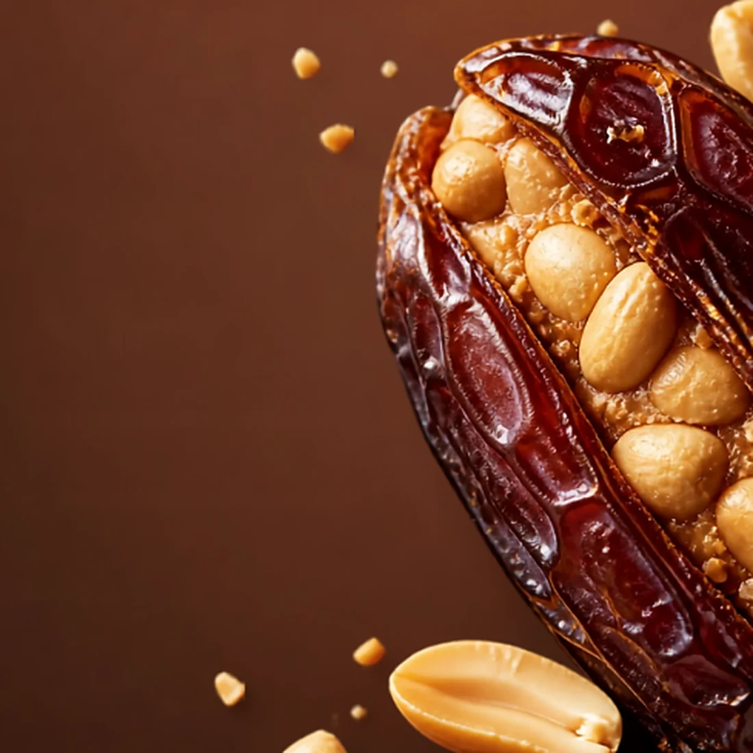 A Jumbo Medjool date split open and filled with whole raw peanuts